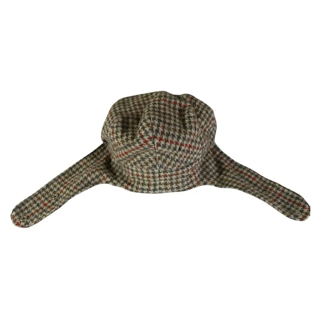 Vintage Harrods Mens Wool Ear Flap Trapper Rare Hat Houndstooth Plaid Sz 7 1/8 M